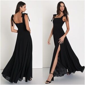 LULU’S Love Me Forever Black Tie-Strap Square Neck Maxi Dress